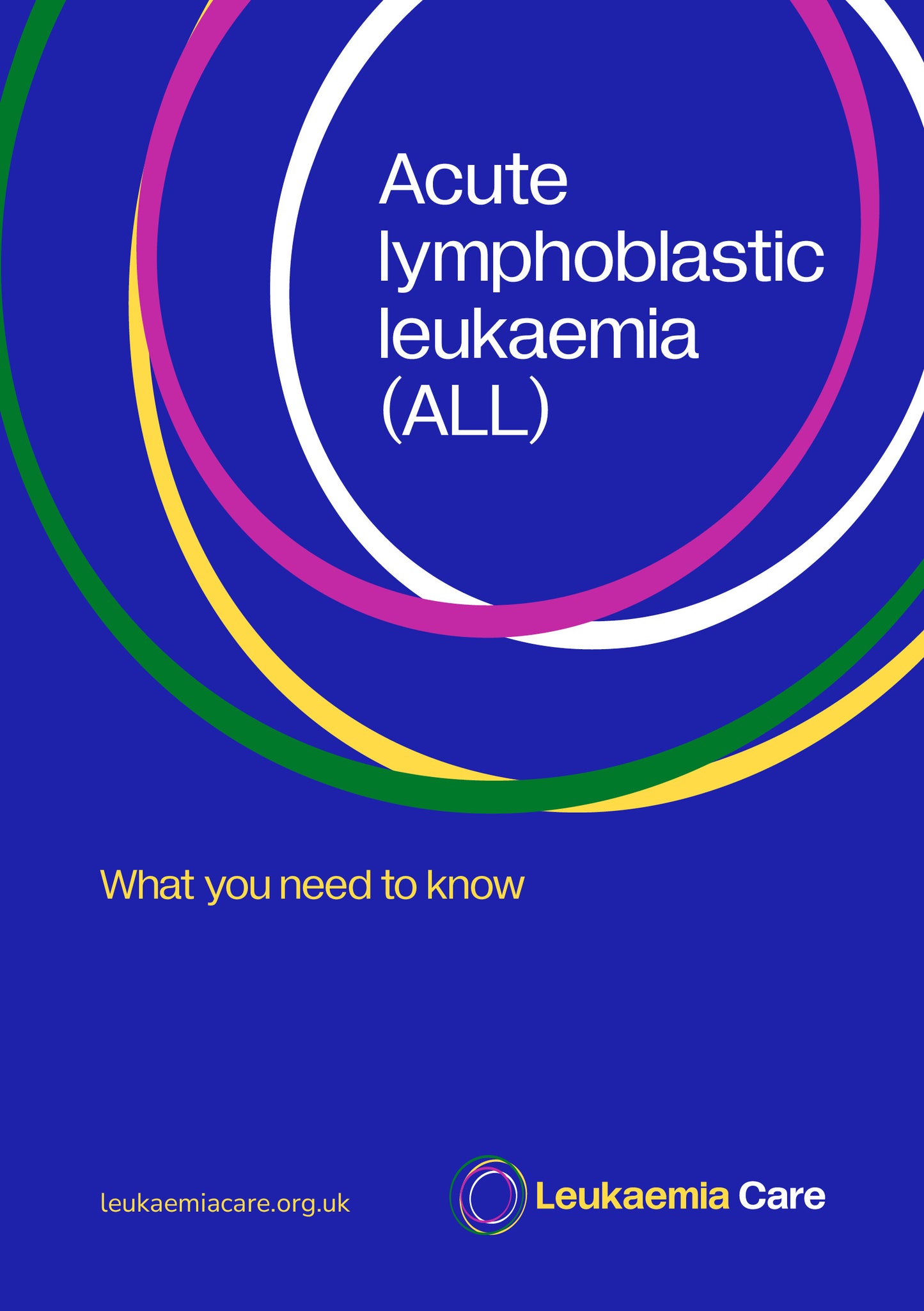 Front cover of a Leukaemia Care booklet called Acute lymphoblastic leukaemia (ALL): what you need to know. The booklet is blue and includes the Leukaemia Care logo.