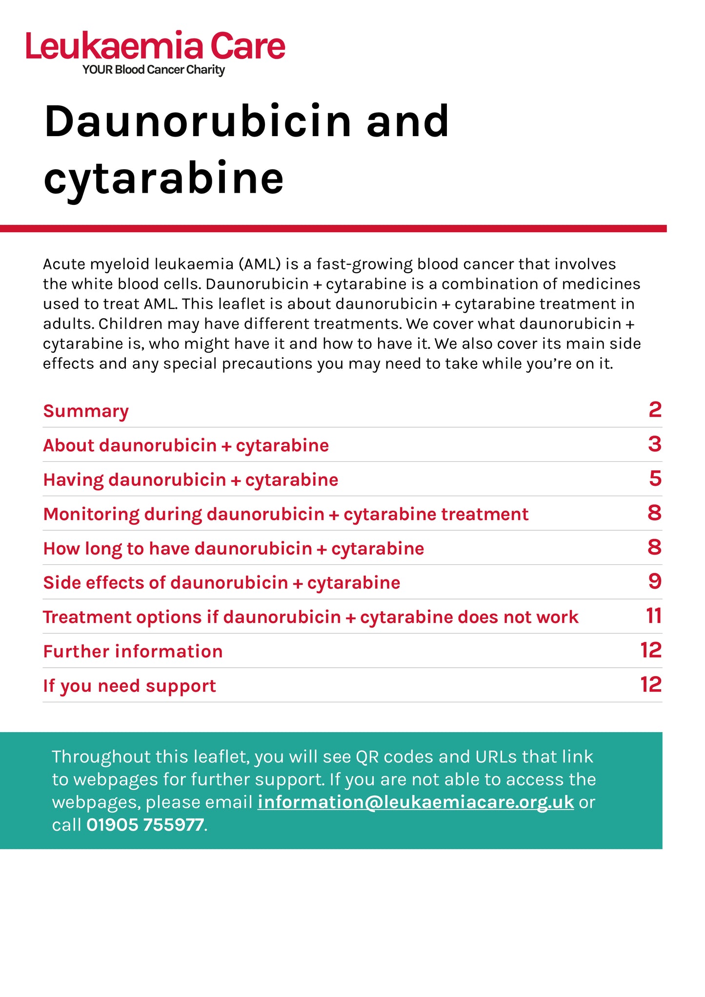 Front cover of a Leukaemia Care leaflet about daunorubicin and cytarabine treatment for AML