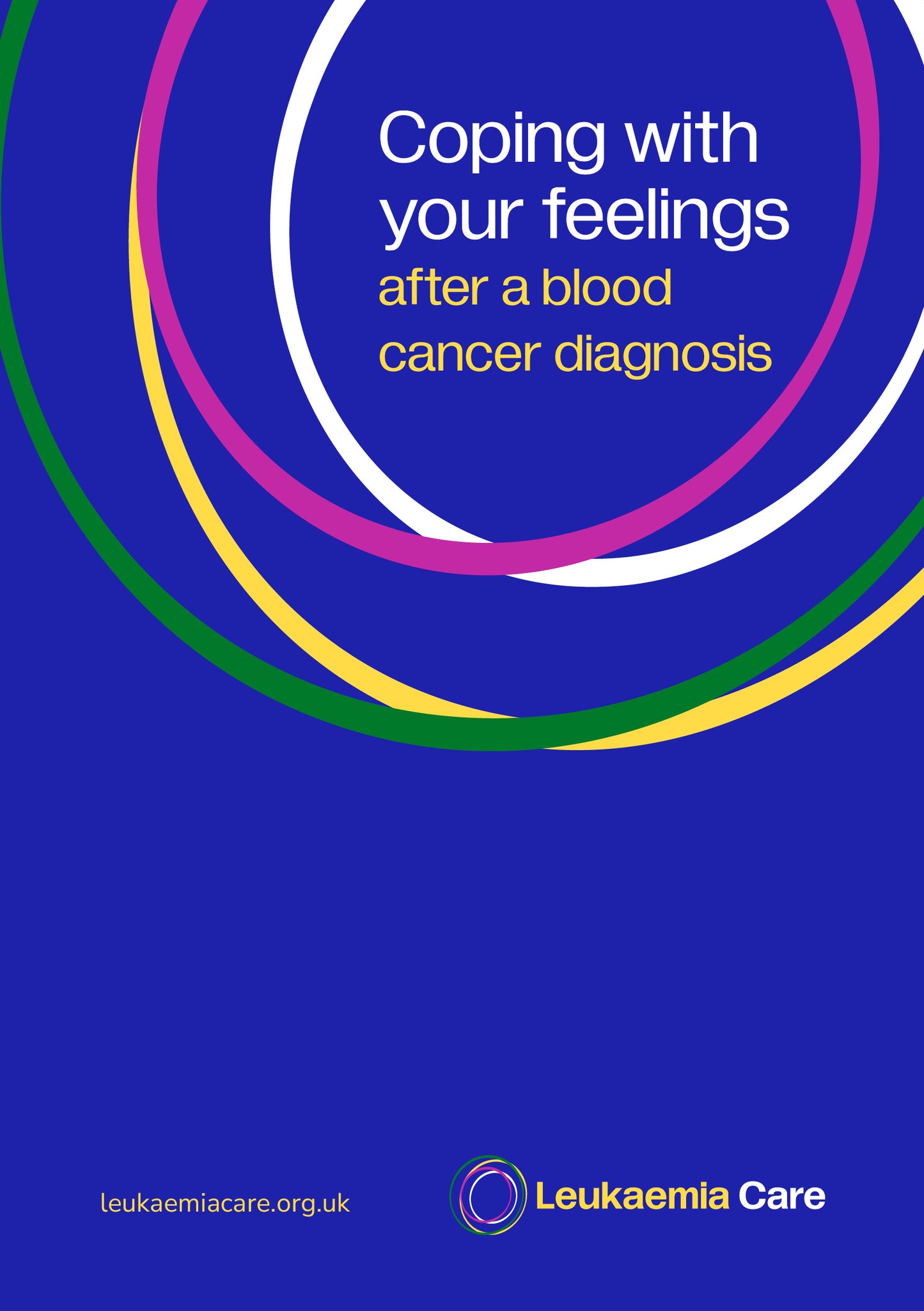 Front cover of a Leukaemia Care booklet called Coping with your feelings after a blood cancer diagnosis. The booklet is blue and features the Leukaemia Care logo.