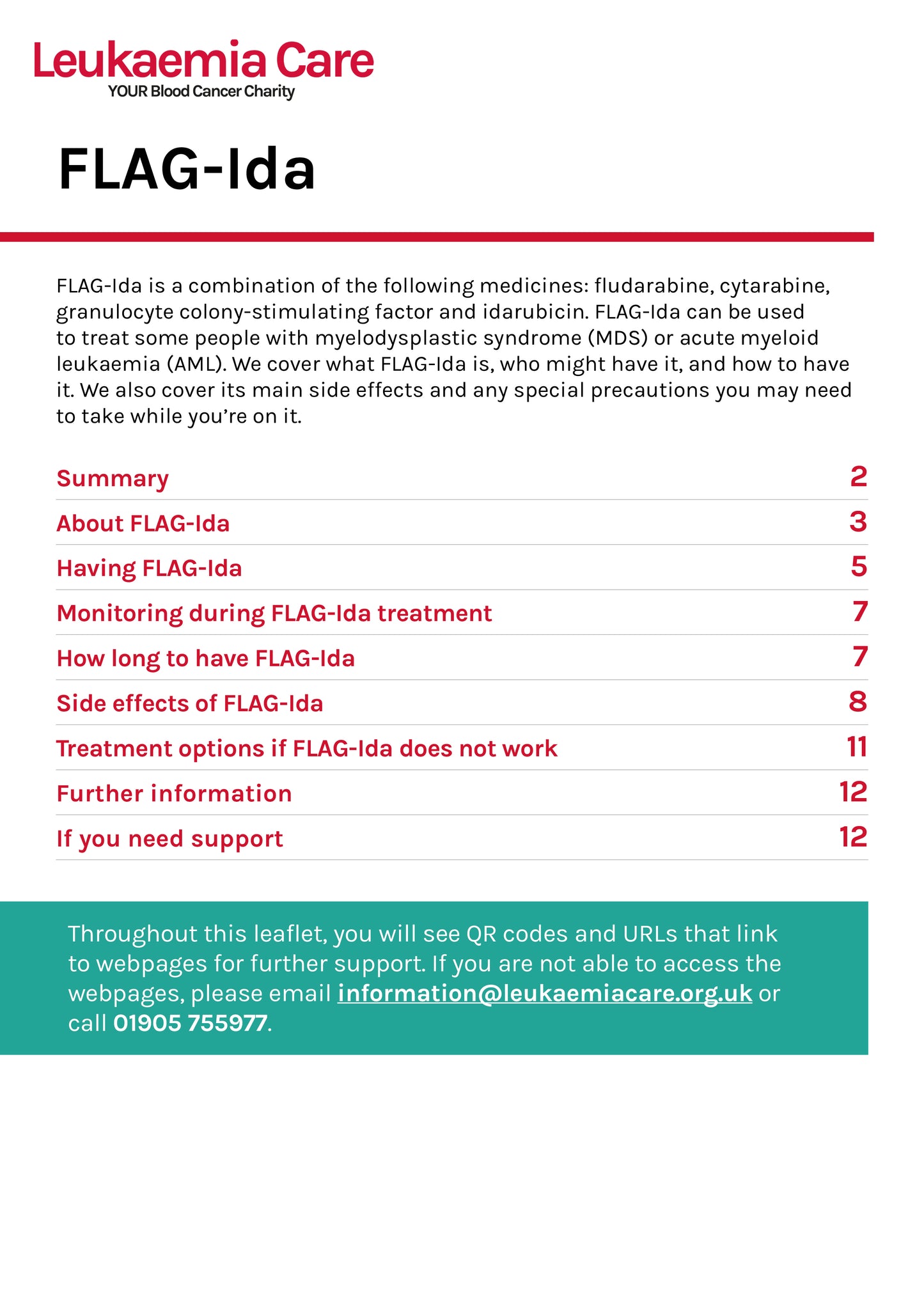 Front cover of a Leukaemia Care leaflet about FLAG-Ida treatment for ALL or MDS