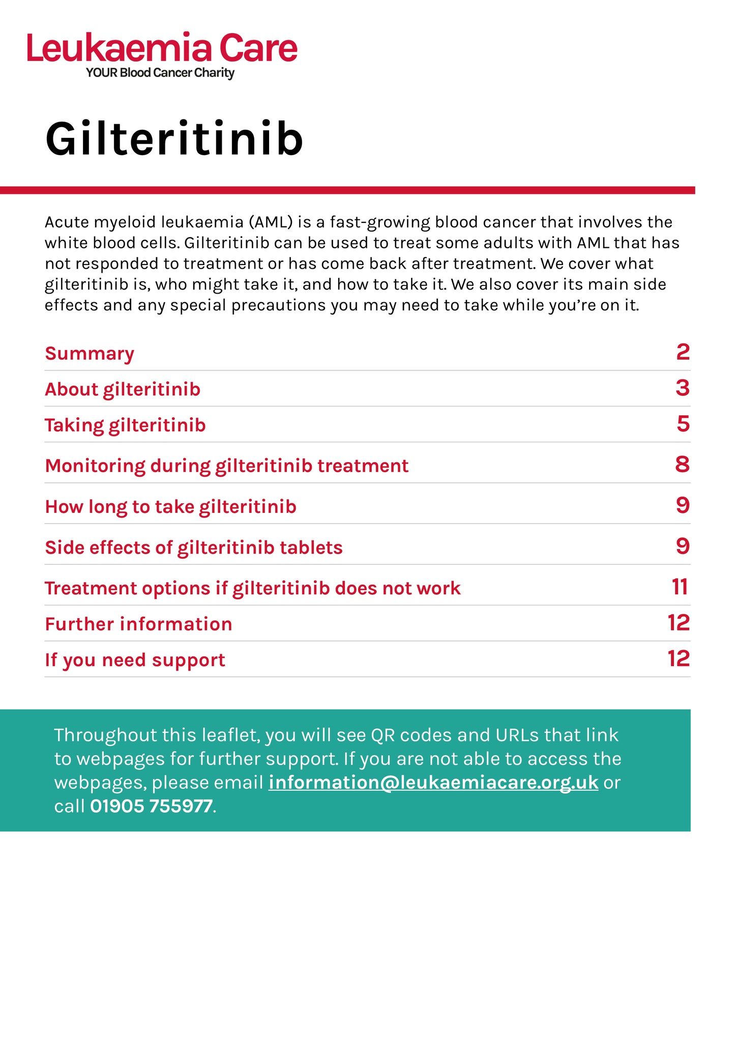 Front cover of a Leukaemia Care leaflet about gilteritinib treatment for acute myeloid leukaemia (AML)