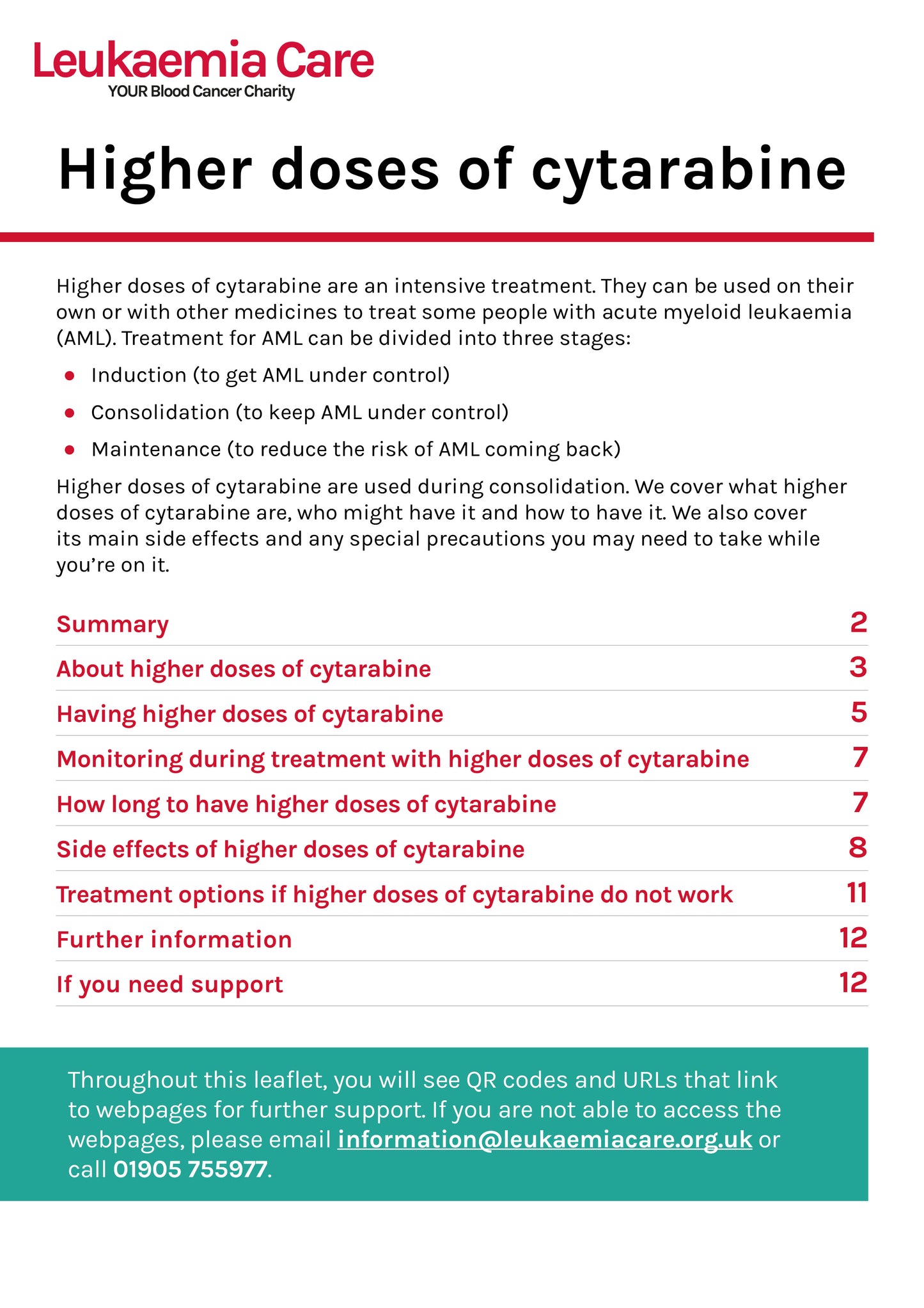 Front cover of a Leukaemia Care leaflet about higher dose cytarabine treatment for AML