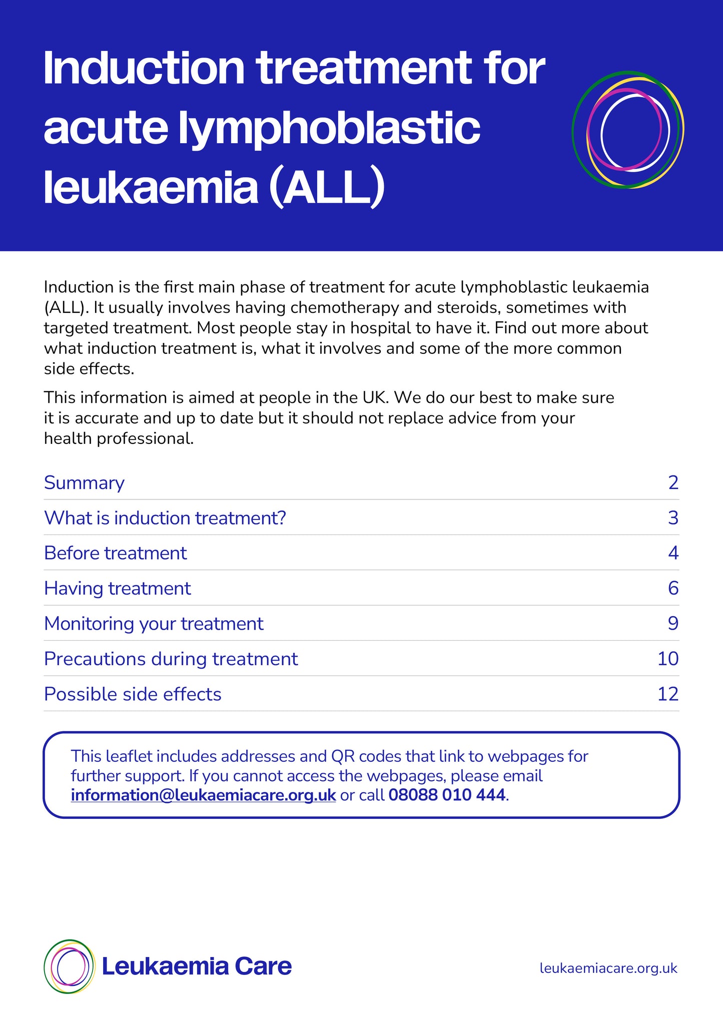 Front page of a Leukaemia Care information leaflet called 'Induction treatment for acute lymphoblastic leukaemia (ALL)'. It includes a table of contents and the Leukaemia Care logo.