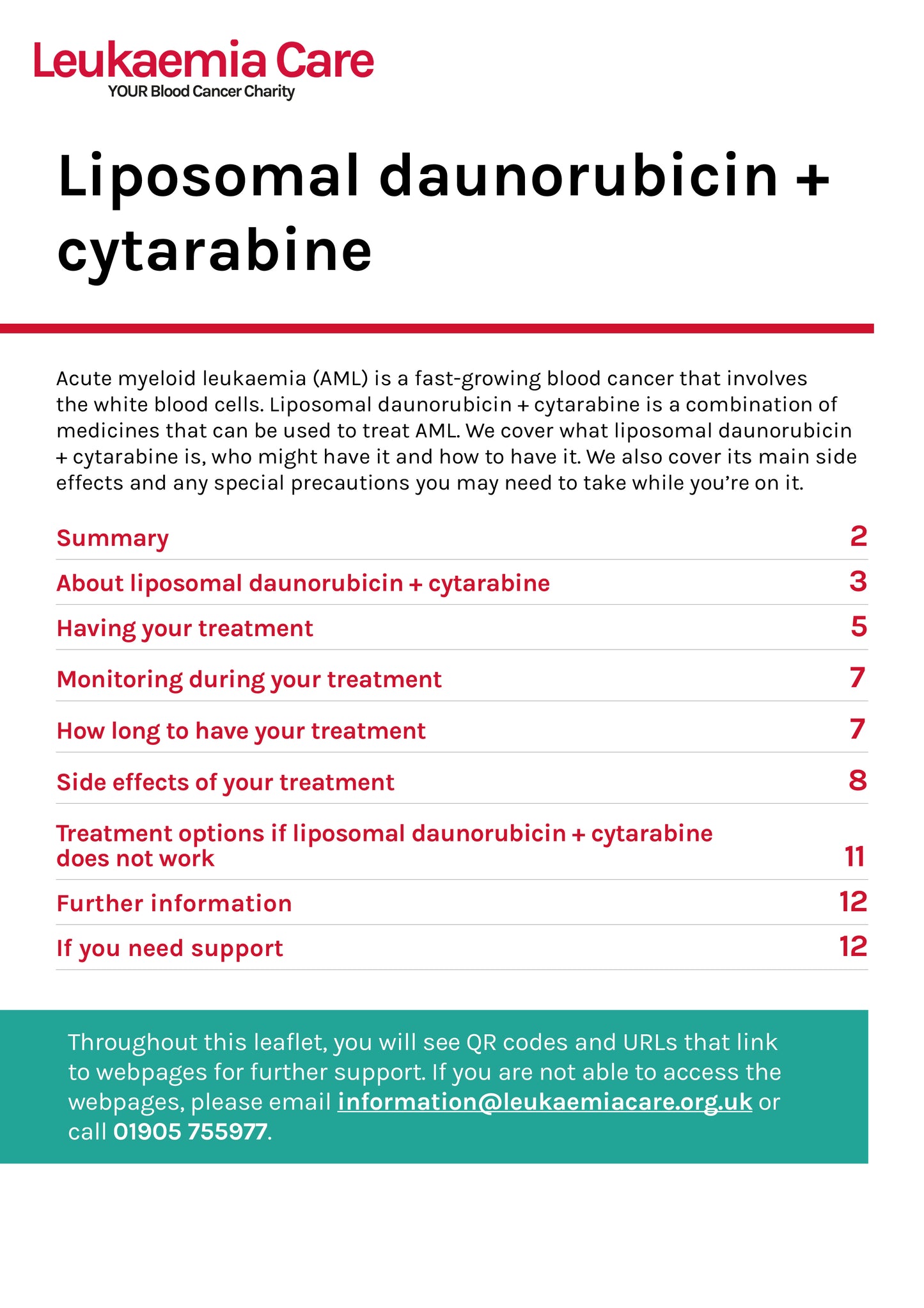 Front cover of a Leukaemia Care leaflet about liposomal daunorubicin and cytarabine treatment for acute myeloid leukaemia (AML)