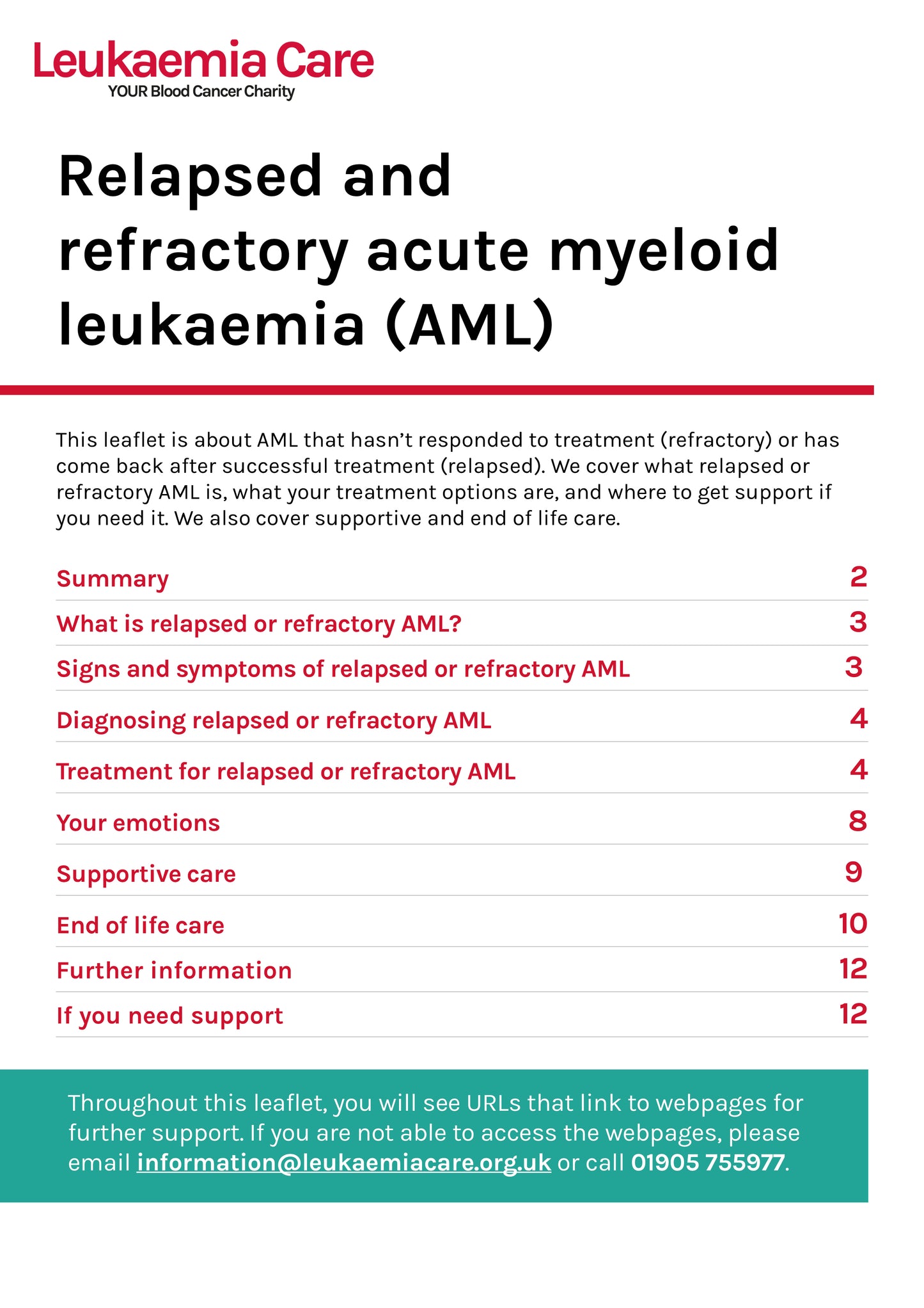 Front cover of a Leukaemia Care leaflet about relapsed and refractory acute myeloid leukaemia (AML)