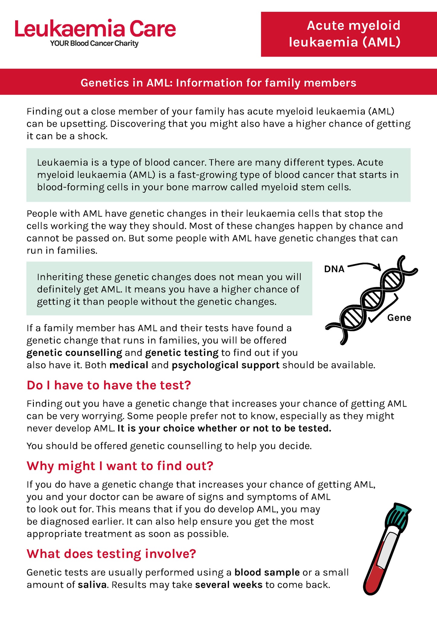 Genetics in acute myeloid leukaemia (AML): Information for family members factsheet