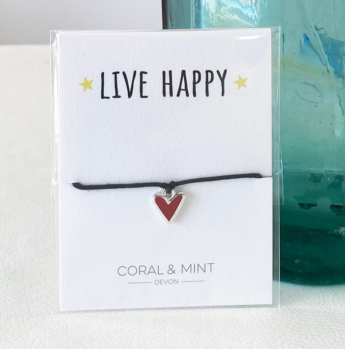 'Live Happy!' Sentiment String Red Heart Charm Bracelet