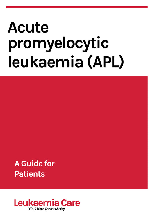 Front cover of a Leukaemia Care booklet about acute promyelocytic leukaemia (APL or APML)