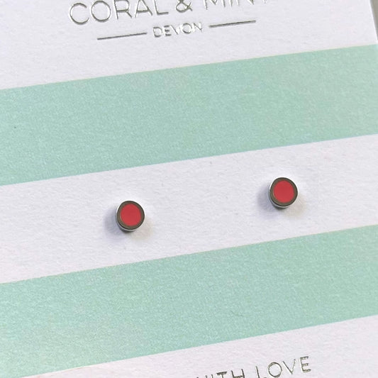 Mini Coral Enamel Circle Studs