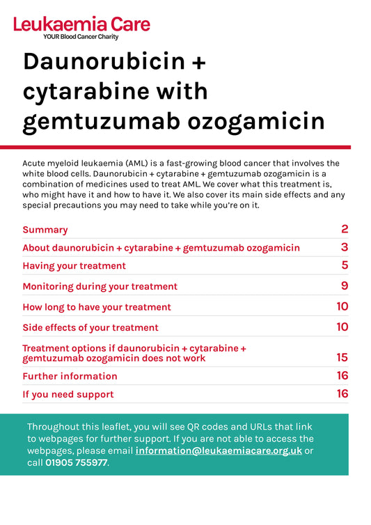 Front cover of a Leukaemia Care leaflet about treatment daunorubicin and cytarabine with gemtuzumab ozogamicin for acute myeloid leukaemia (AML)