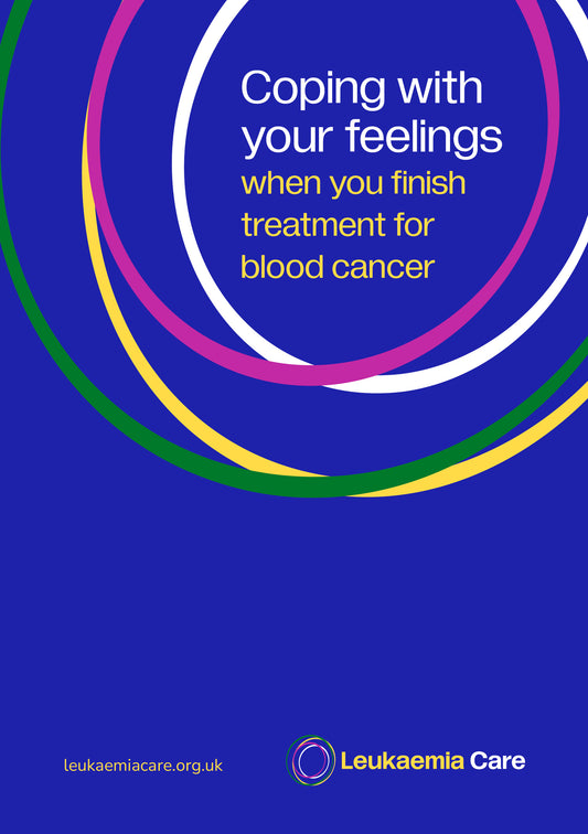 Front cover of a Leukaemia Care booklet on Coping with your feelings when you finish treatment for blood cancer. The cover is blue and features the Leukaemia Care logo.