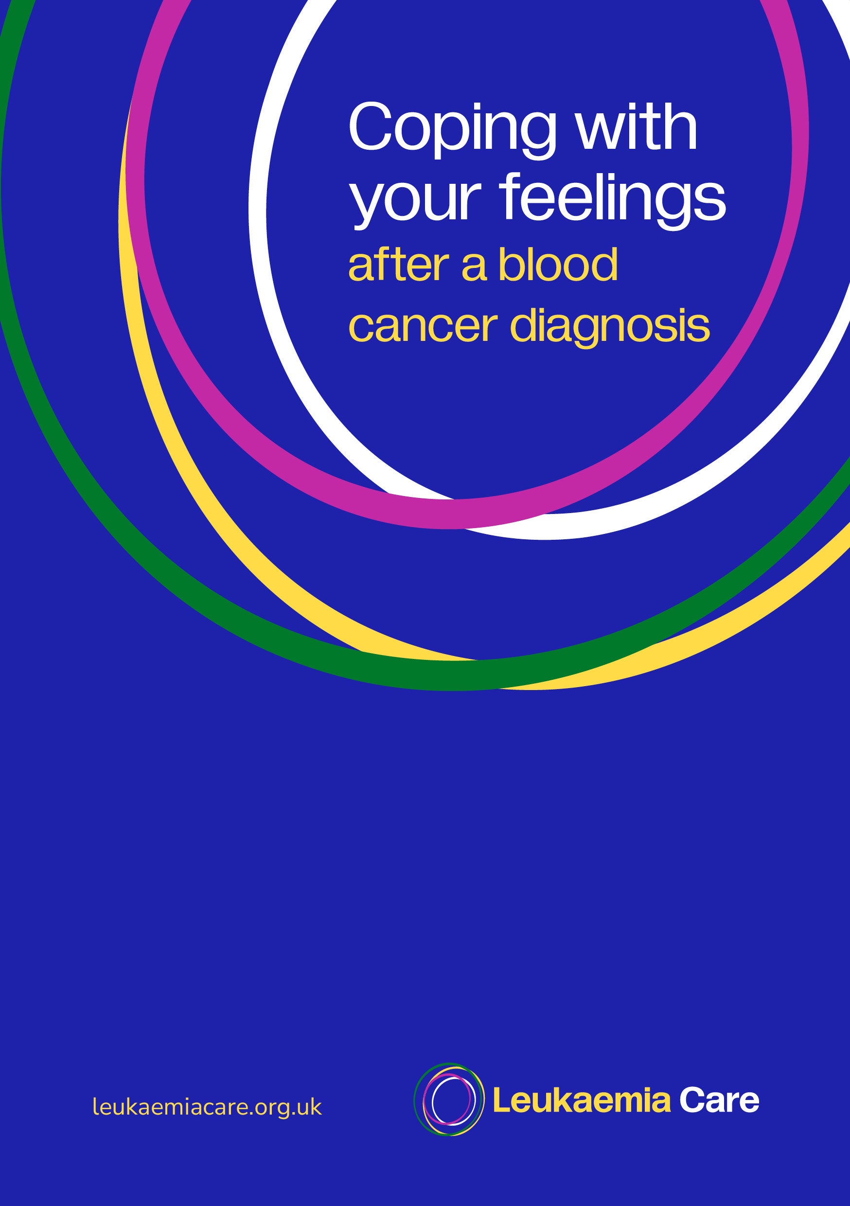 Front cover of a Leukaemia Care booklet called Coping with your feelings after a blood cancer diagnosis. The booklet is blue and features the Leukaemia Care logo.