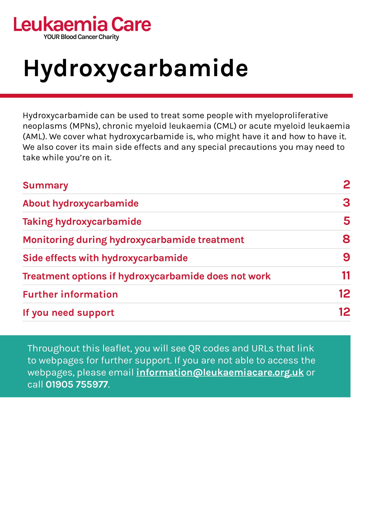 Front cover of Hydroxycarbamide leaflet showing Leukaemia Care logo and list of contents