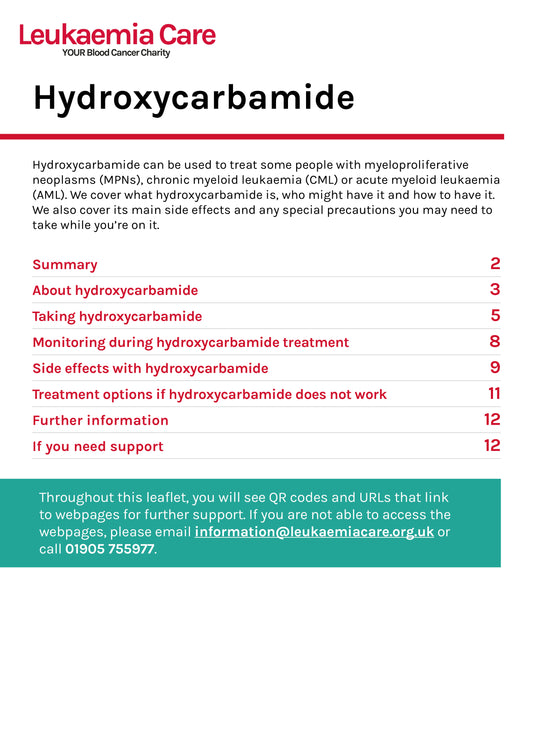 Front cover of Hydroxycarbamide leaflet showing Leukaemia Care logo and list of contents