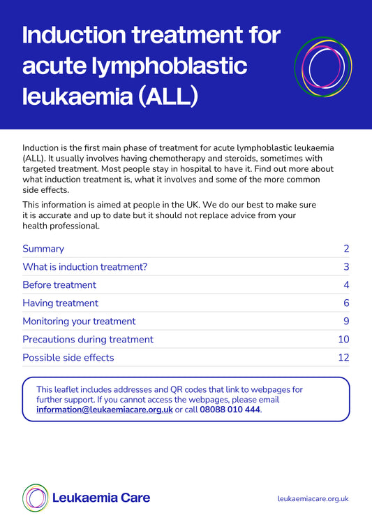 Front page of a Leukaemia Care information leaflet called 'Induction treatment for acute lymphoblastic leukaemia (ALL)'. It includes a table of contents and the Leukaemia Care logo.