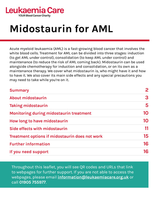 Front cover of Midostaurin leaflet showing Leukaemia Care logo and list of contents