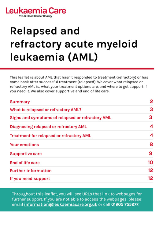 Front cover of a Leukaemia Care leaflet about relapsed and refractory acute myeloid leukaemia (AML)