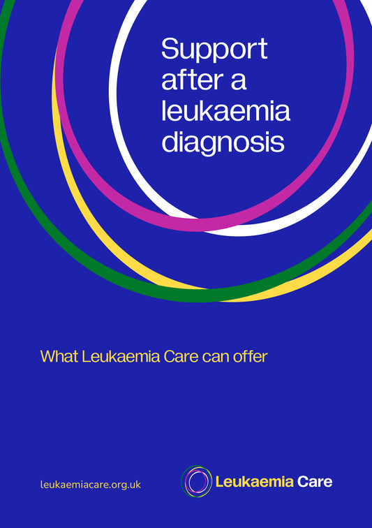 Front cover of a Leukaemia Care leaflet called 'Support after a leukaemia diagnosis'. The cover is vivid blue and features the Leukaemia Care logo.