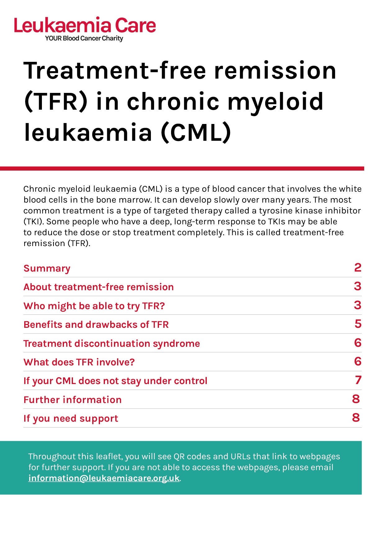 Treatment-free remission (TFR) for chronic myeloid leukaemia (CML) leaflet