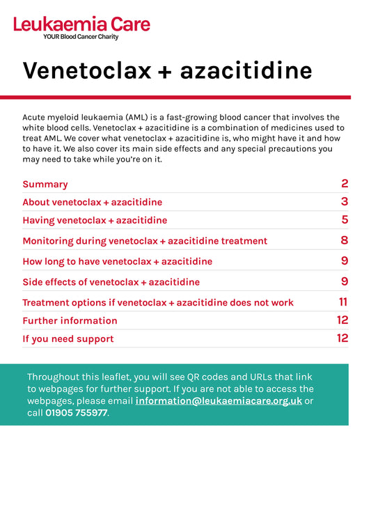Front cover of a Leukaemia Care leaflet about venetoclax and azacitidine