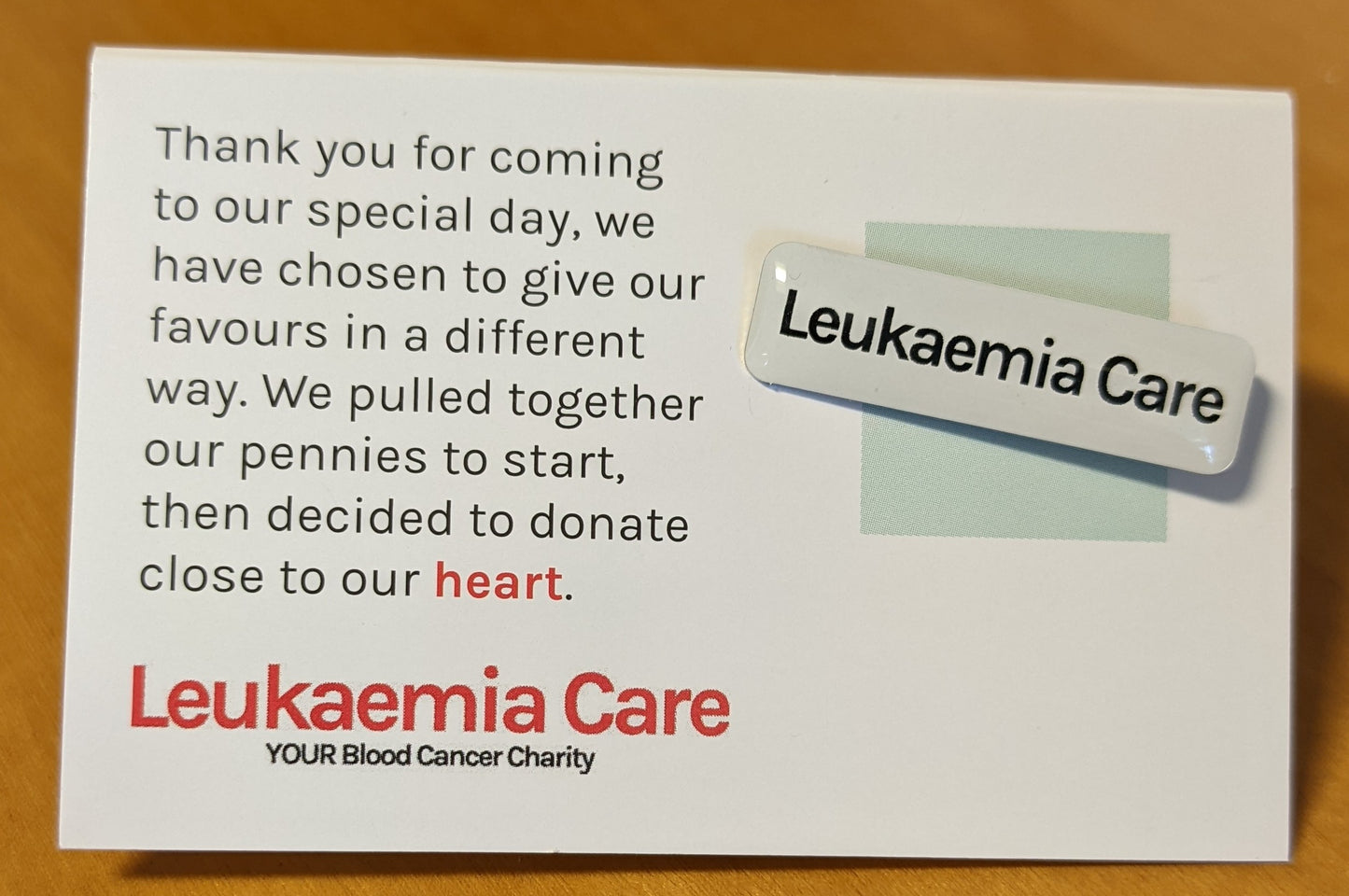 Leukaemia Care pin badge wedding favour (Pack of 10)
